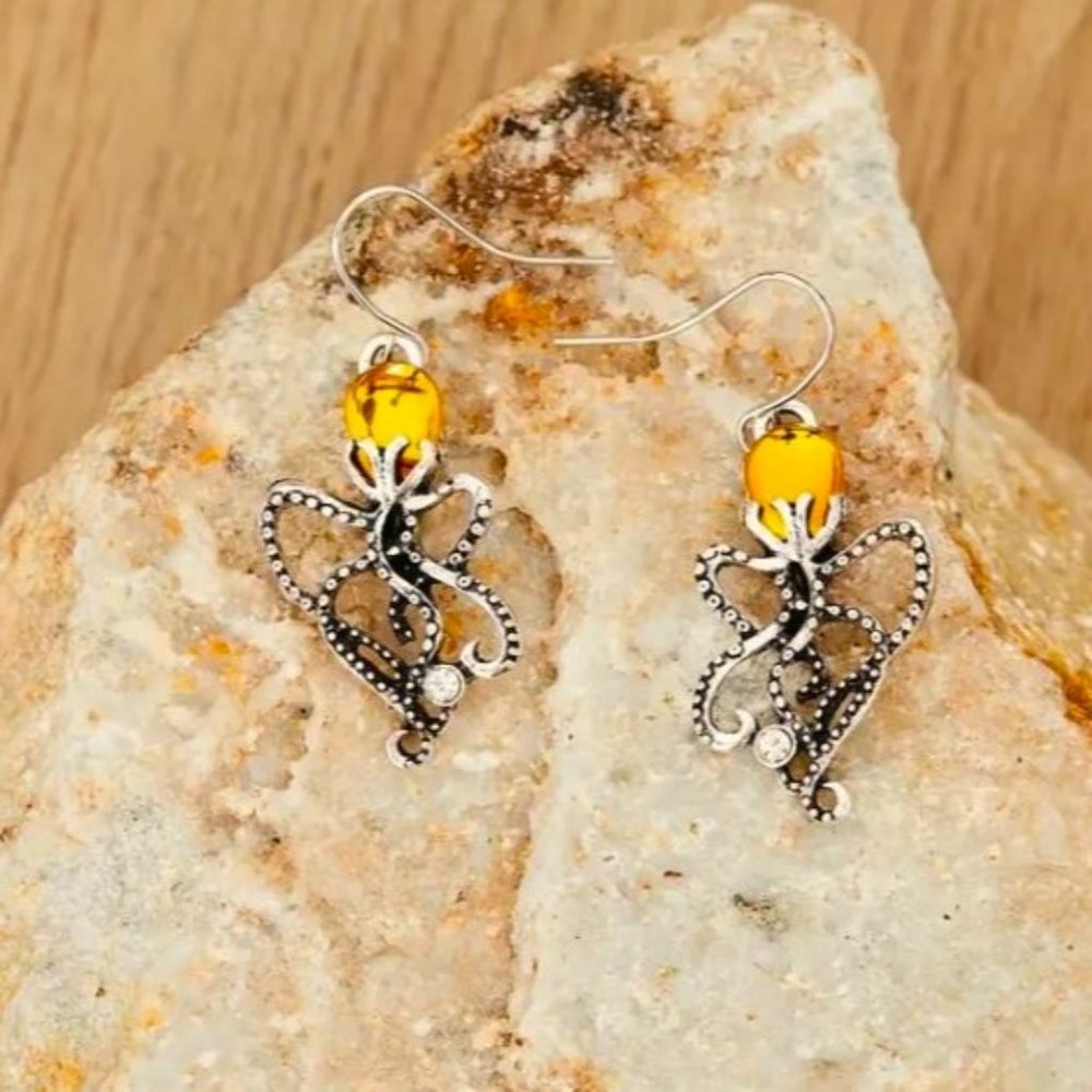 NEW Golden Amber Silver Octopus Drop Dangle Earrings Pierced
